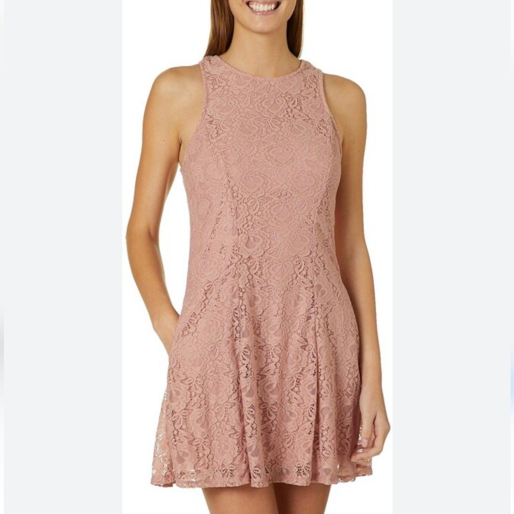 Womens Light Pink Lace Fit and Flare Dress